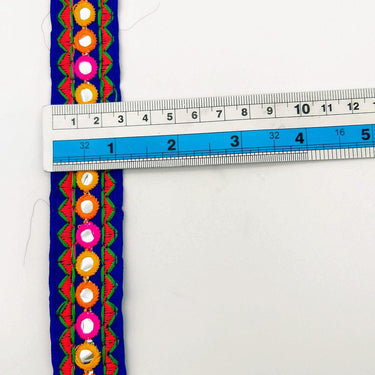 Royal Blue And Red Indian Mirror Trim Kutch Embroidered Navratri Garba Dress Trim Bridal Lace, Sari Border 30 mm Wide Trim Per 3 Yards
